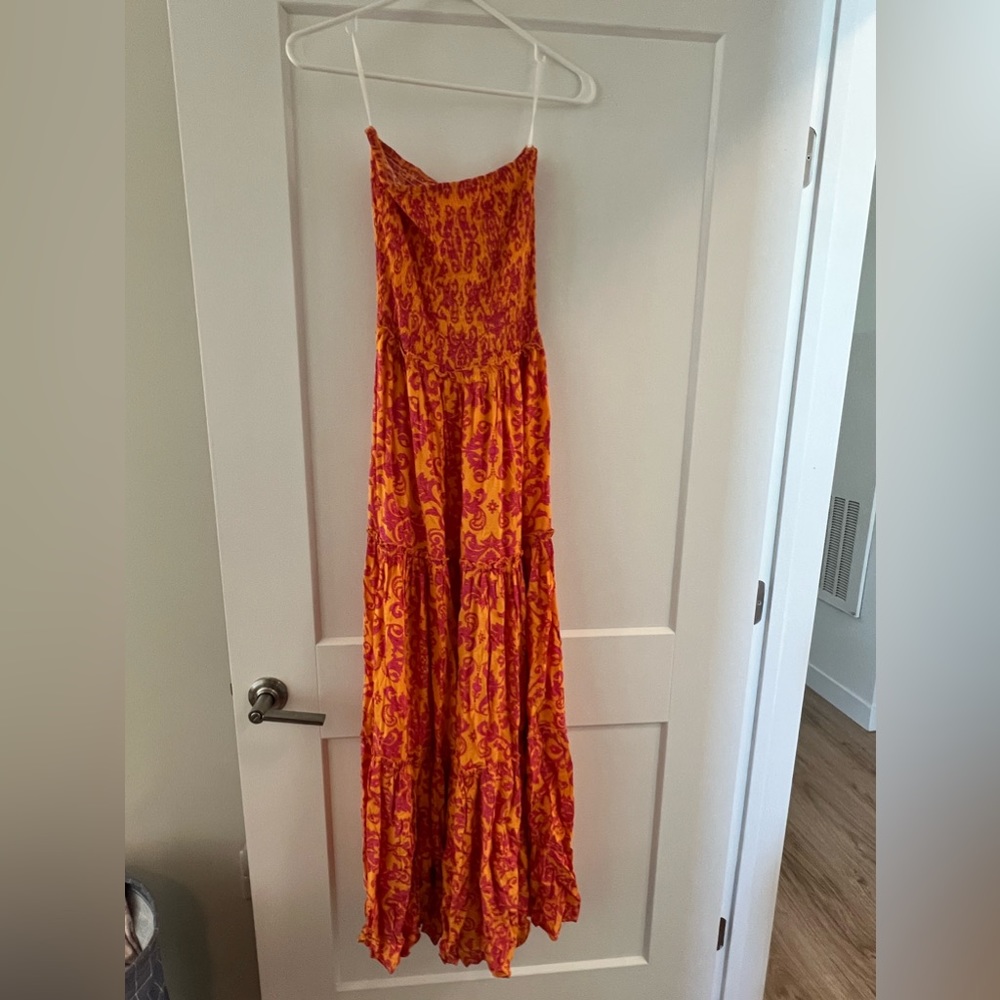 Strapless orange and pink floral dress
